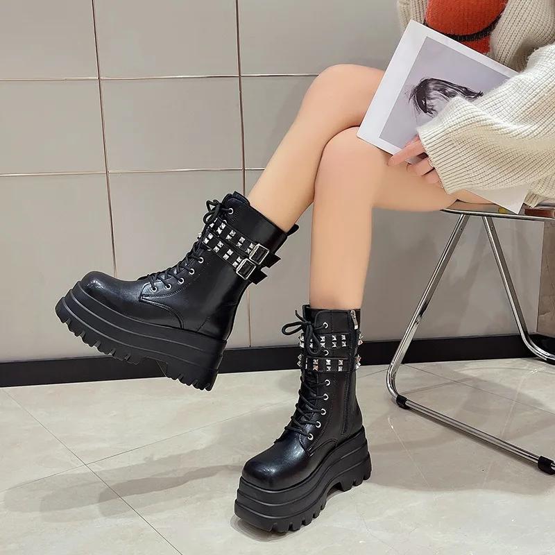 Fashion Designer New Platform Metal Buckle Motorcycle Boots for Women Fashion Street Style 8.5cm Heel Casual Women's Ankle Boots Shoes