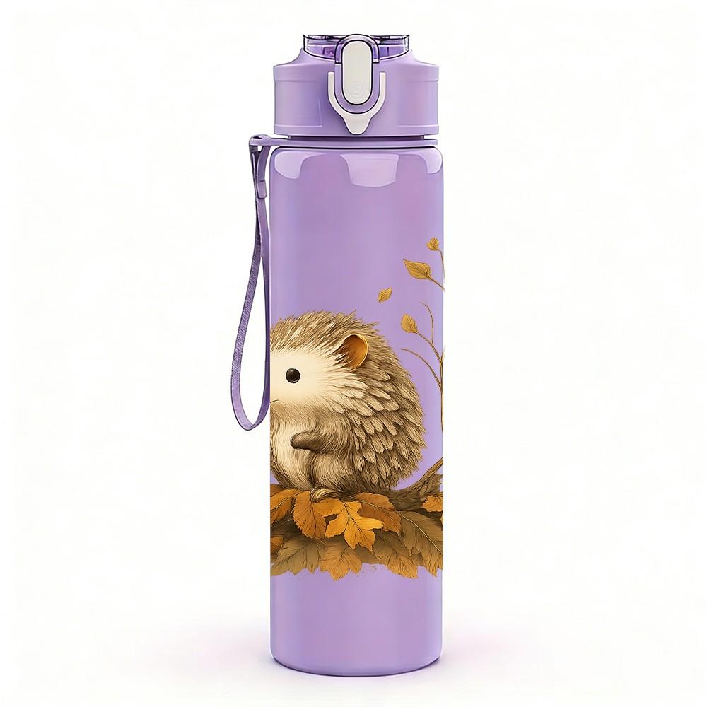 1PC Autumn Hedgehog Leaves Print 750ml Color Plastic Sports Water Bottle Leakproof Flip Straw Lid Suitable for Sports Office Home Use