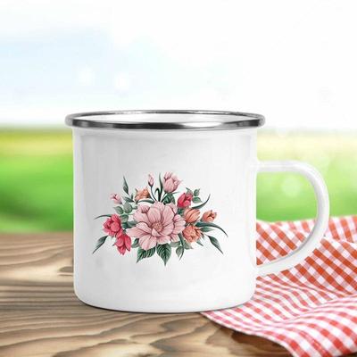 Çiçek Baskılı Retro Emaye Kupalar Yaratıcı Kahve Kupaları Yaz Açık Hava Piknik İçecekler Meyve Suyu Süt Kamp Kupaları Saplı İçecek Kapları Hediyeler