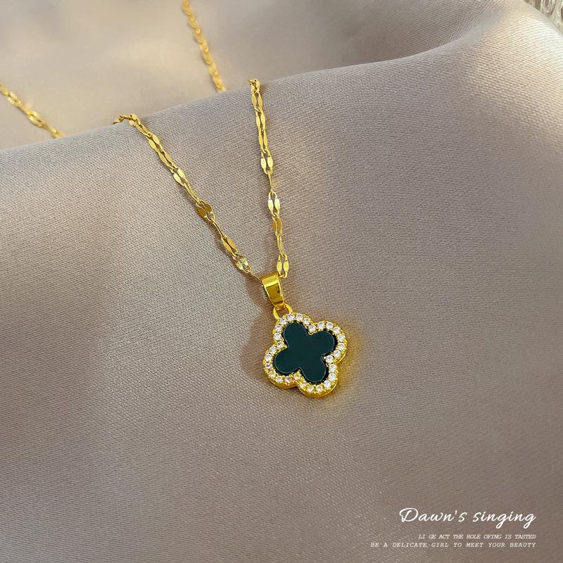 New Diamond-Encrusted Light Luxury Four-Leaf Flower Necklace Femininity Girls High-End Double-Sided Shell Collarbone Chain