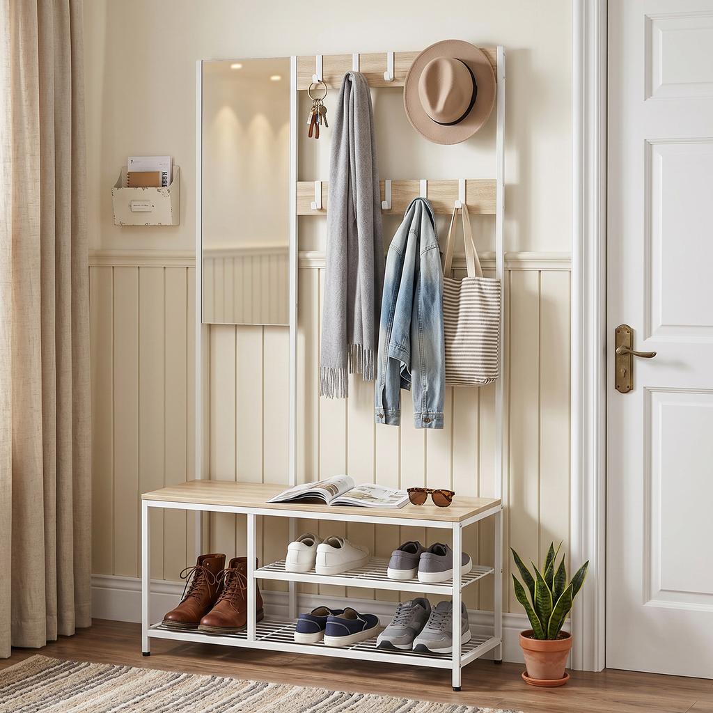 4 In 1 Entryway Coat Rack With Bench Shoe Cabinet Mirror 8 Hooks And Metal Frame Modern Style 98x36x185 Cm Wood