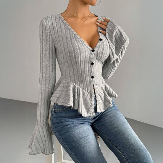 Women Tops Slim Fit V Neck Flared Long Sleeve Ruffle Detail Knitting Tops Solid Color Buttons Closure Winter Sweater