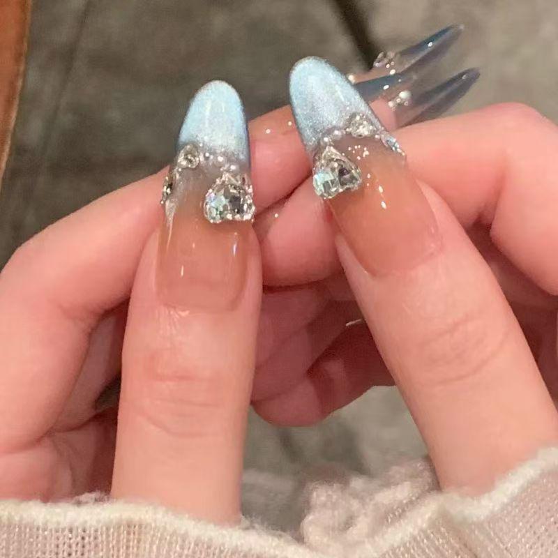 Handcrafted Water Gloss Blue Cat Eye Rhinestone Fake Nails for Trendy Students