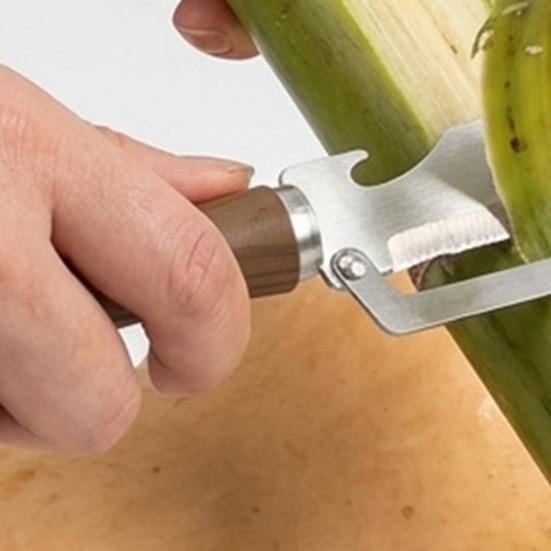 Descascador de Legumes Multifuncional com Cabo de Madeira 2 em 1 Descascador de Aço Inoxidável e Abridor de Garrafas para Frutas Legumes Melões