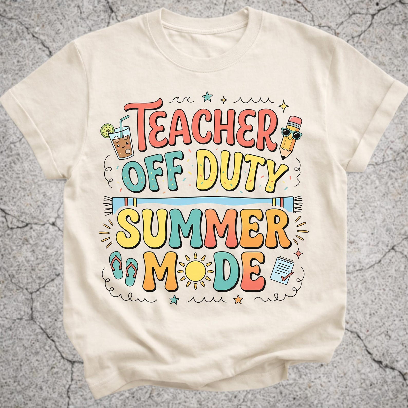 Teacher Off Duty Summer Mode Shirt, Funny Teacher Summer Vacation Tee, Teacher Gift, End of School Year Graphic T-Shirt L