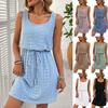 Dames Vierkante Hals Mouwloze Mini Jurk Casual Effen Kleur Losse Pasvorm Zomerjurk met Trekkoord Taille
