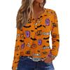 Women's Long Sleeve V-Neck T-Shirt with Button and Halloween Print Casual Top