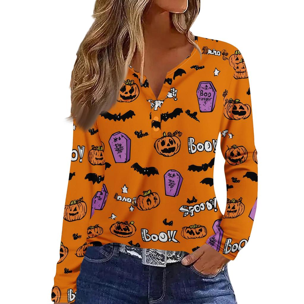 Women's Long Sleeve V-Neck T-Shirt with Button and Halloween Print Casual Top