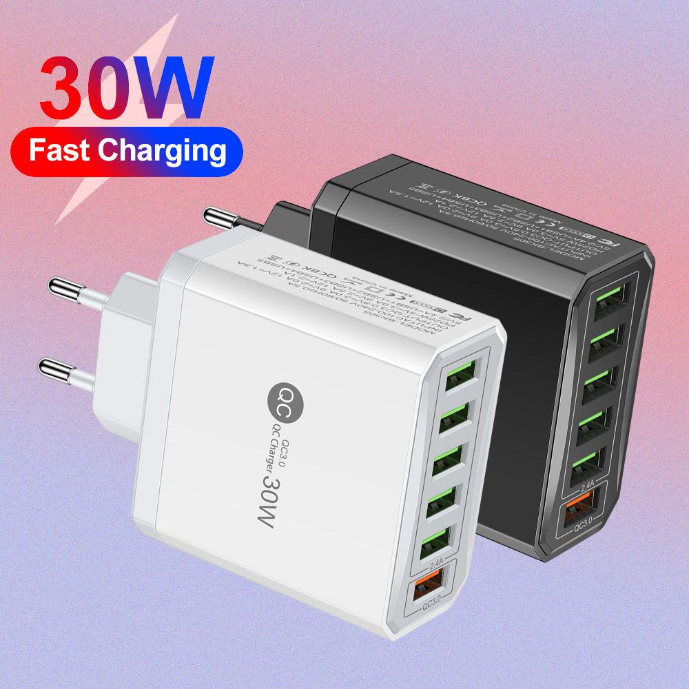 6-Port QC3.0 Fast Charger 30W with EU, US, UK, Korea Plugs