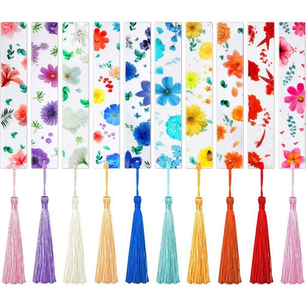 10Pcs/Set Transparent Floral Acrylic Bookmark With Tassels Reading Book Clip  Study/Library