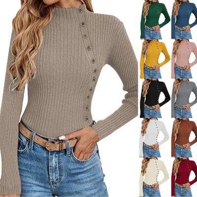 Women's Casual Solid Color Slim Button Knit Sweater Long Sleeved Base Sweater Sweater