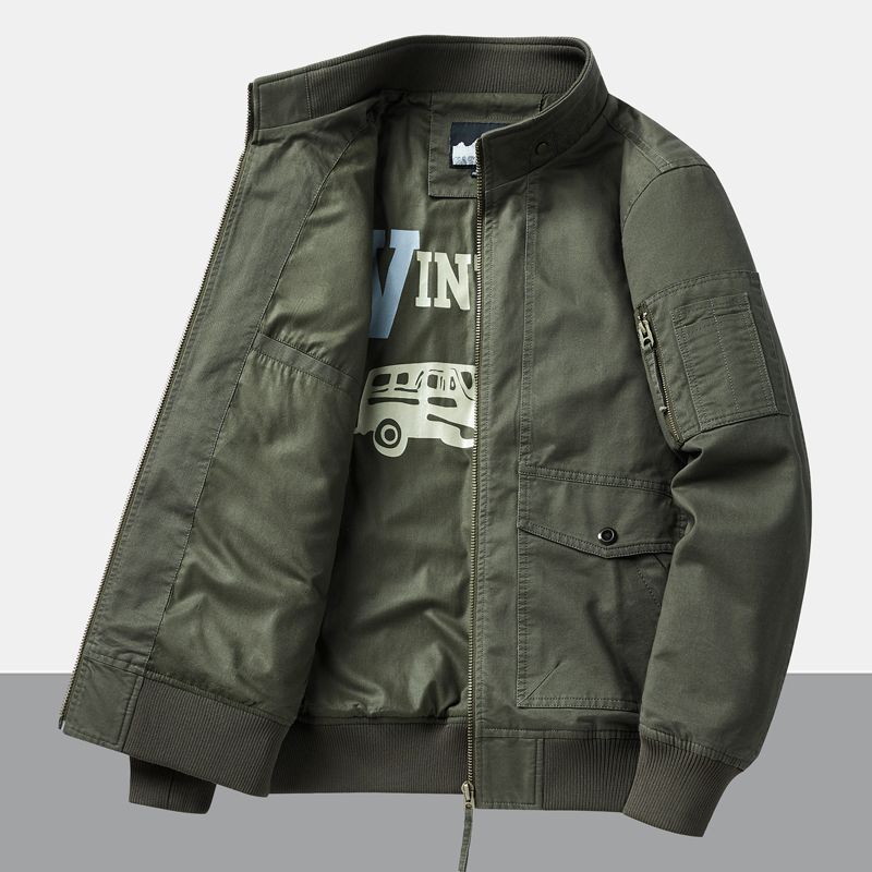 Men's Cotton Jacket Spring Autumn Solid Color Casual Loose Multi-pocket Outdoor Travel Stand Collar Top Men's Work Coat