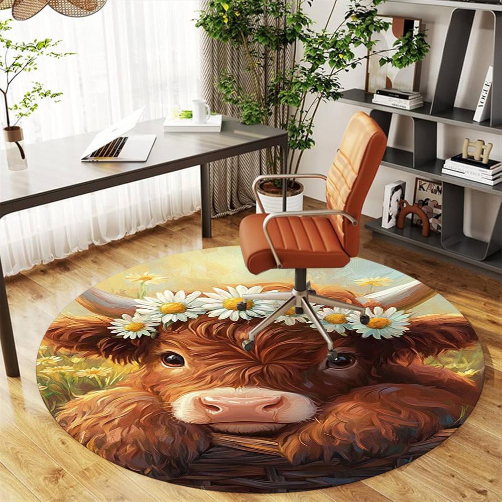 1PC Cow Basket Round Chair Mat Area Rug - Non-Slip, Floor Mat for Office, Bedroom, Home Decor Christmas Gift C0528035