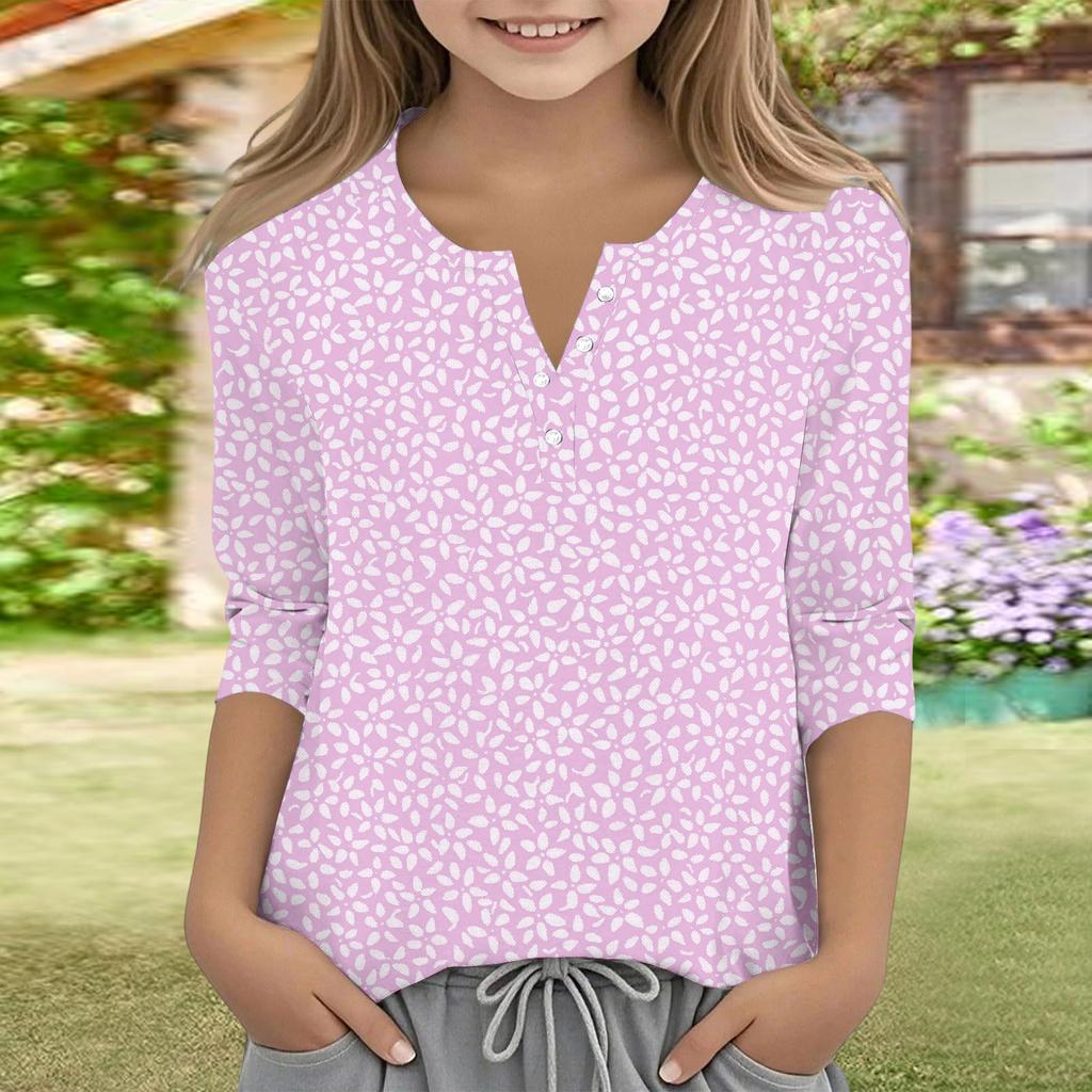 Print Tops For Youth Girls V Neck Button 3/4 Sleeves T-Shirts Trendy Tops Outfit Tees