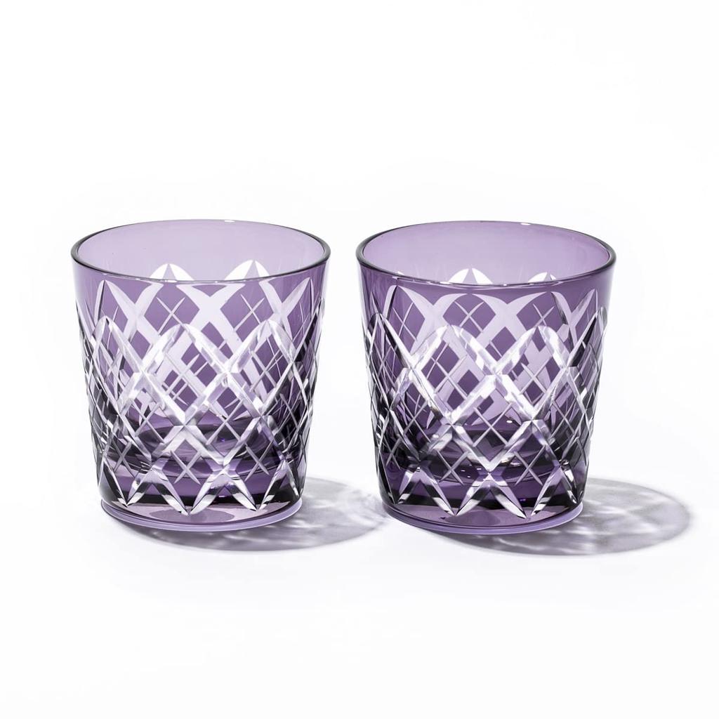 Kobo Edo Kiriko Yarai Crest Cold Sake Cup Pair Wooden Box Made in Japan [Taimuro Official] (Edo Purple) TB90152-1Ms
