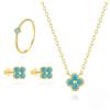 European and American High-End Turquoise Gem-Inlaid Four-Leaf Clover Jewelry Set: Necklace, Earrings, and Ring