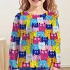 Children's Cute Cat 3D Digital Print Girl Casual and Comfortable Round Neck Long Sleeved T-shirt