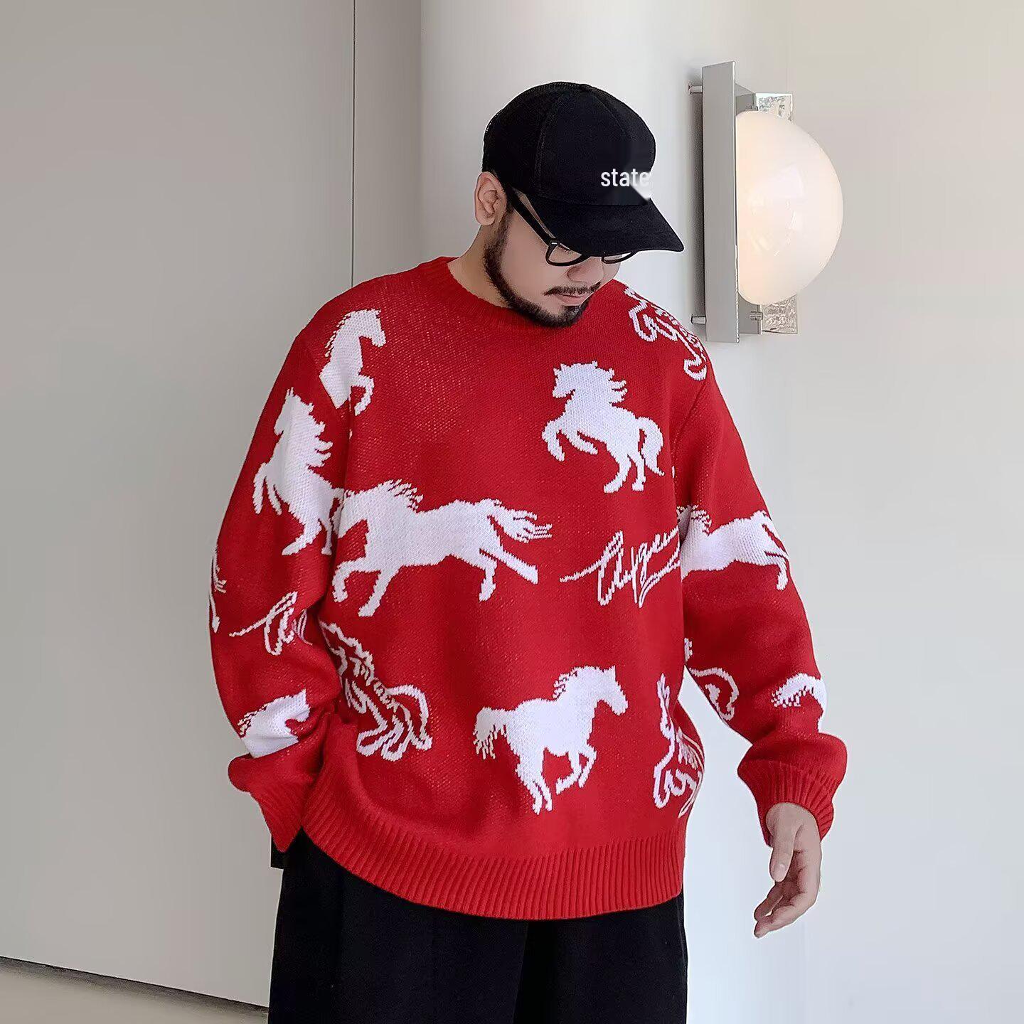 Men s Plus Size Cartoon Pony Knit Sweater - Trendy, Loose-Fit Jacquard for Spring, Autumn, Winter 4XL красный