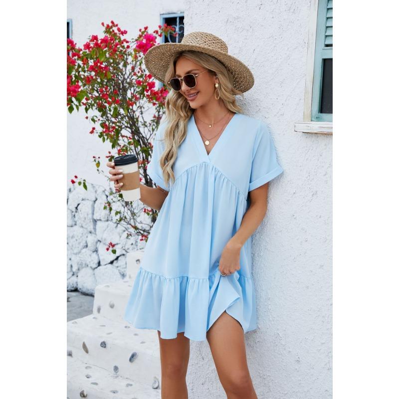 Summer Women's Dress New Solid Color V-Neck Loose Pleated Dresses