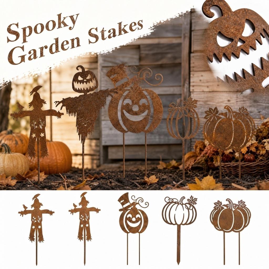 Wrought Halloween Pumpkin Garden Stake - Vintage Distressed Yard for Fall Outdoor Decor