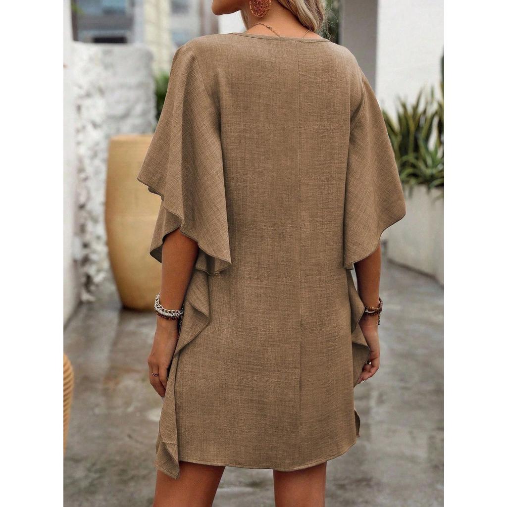 New Solid Color V-neck Ruffle Sleeve Loose Straight Casual Dress for Women, European & American Style Crossbody Dress