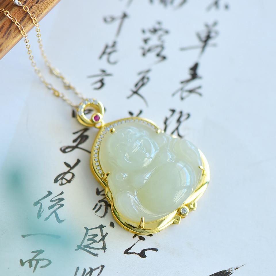 Natural Hotan Jade S925 Silver Inlaid Blue White Jade Big Belly Maitreya Buddha Pendant Necklace for Women with Certificate