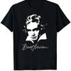 T-shirt Ritratto di Ludwig Van Beethoven Design Monocromatico con Firma del Compositore Classico e Note Musicali
