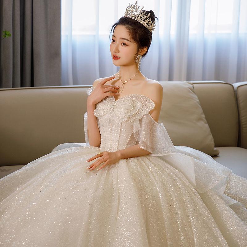 Rochie de Mireasă Fără Bretele cu Fundă Franțuzească - Rochie de Mireasă Luxoasă Strălucitoare, Rochie de Bal Prințesă din Tul cu Sclipici și Corset