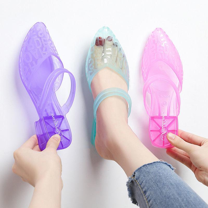 Fashion FHC New Women Beach Shoes,Crystal Sandals,Jelly Summer Low Heels,Pointed Toe,Two Wearings,Blue,Purple,Pink,Green,Dropship