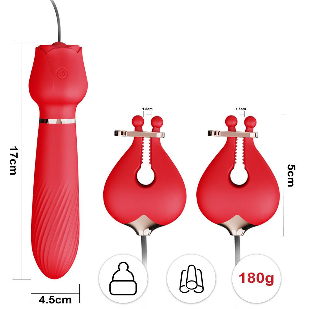 Manufacturer Chest Clips Rose Vibrator for Women 2 in 1 Clitoris Stimulator Massage Stick Dildo Nipples Clamps