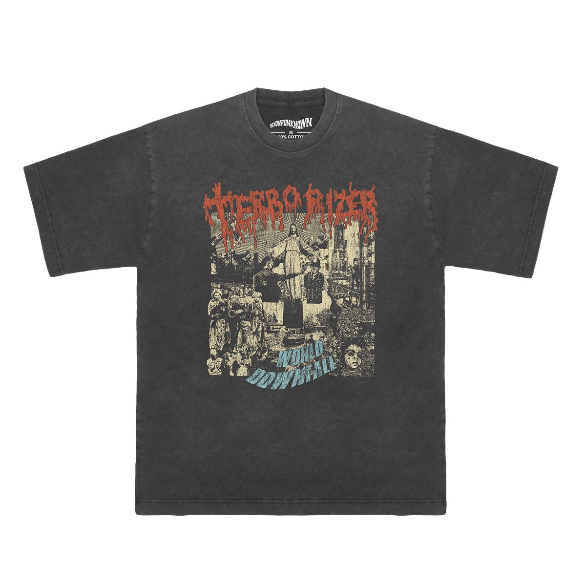 Terrorizer TShirt World Downfall Repulsion Napalm Death Metal Band Washed Cotton Vintage Short Sleeves Clothing Mens Shirts S