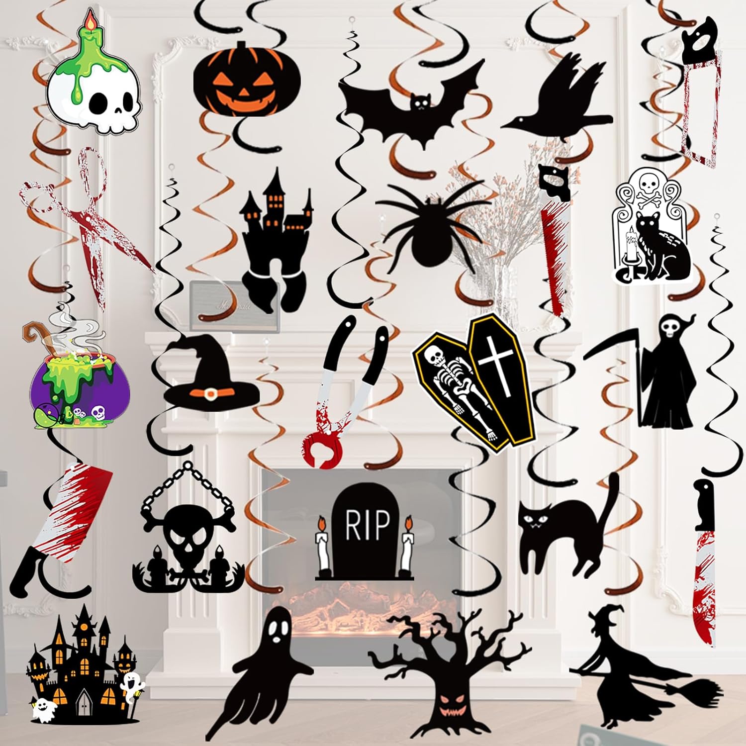 Halloween Decorations Indoor Outdoor Hanging Swirl - 60 PCS Hanging Halloween Decor Ceiling Streamers, Large Ghost Pumpkin Witches Swirls Decoration