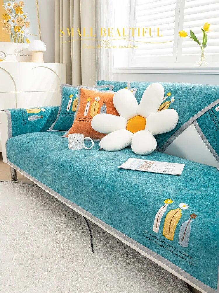 

Скандинавская ваза с вышивкой, диванная подушка, четыре сезона, универсальный нескользящий кожаный чехол для дивана, подушка из синели, задняя ткань, чехол для полотенец 70x70cm 1pcs