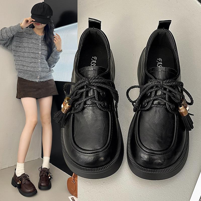 Flat bottom lace-up women's shallow mouth small leather shoes autumn new retro British style Japanese jk single shoes women