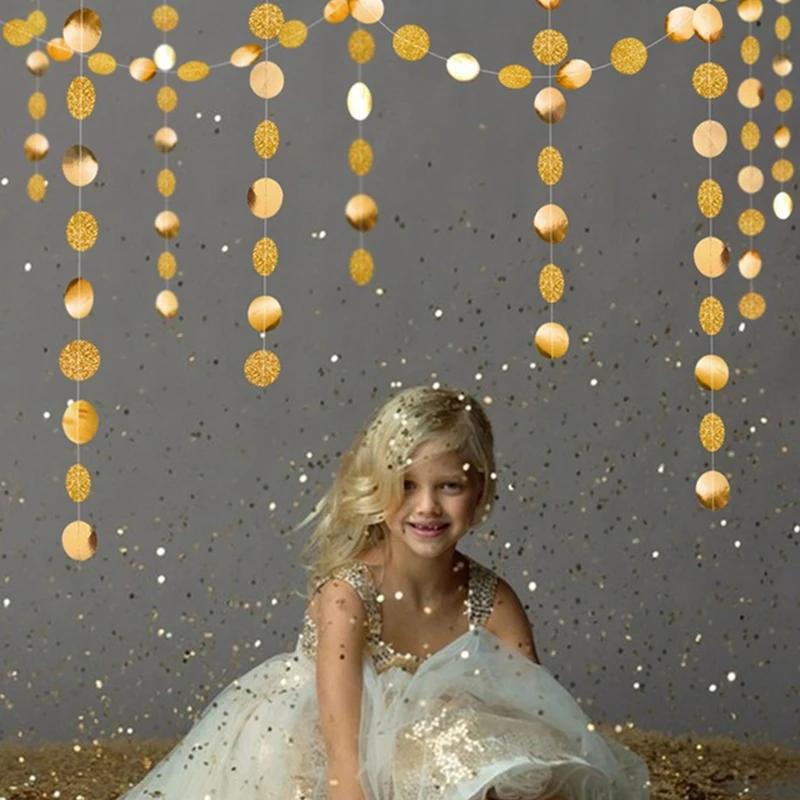 4M Champagne Gold Glitter Star Round Paper Garland Birthday Wedding Bachelorette Party Decorations Anniversary Backdrop Decor
