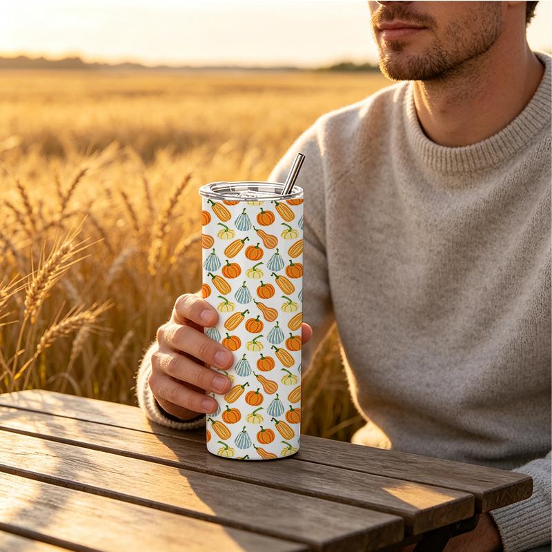 Straight Cup 591ml Bountiful pumpkins and melon fruits Straw Cup Skinny Tumbler Metal Coffee Mug Travel Drink Mug Portable Tumbler