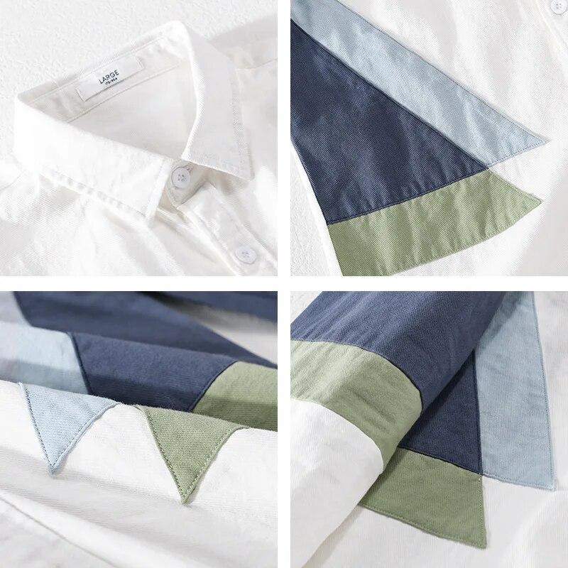 2024 New Fashion White Shirt Men Streetwear Youth Casual Long Sleeve Pure Cotton Shirt Stitching Design Men Tops Spring Loose Shirt