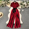 Women Jumpsuits Fashion V Neck Lace Up Loose Wide Legs Pants  New Design OL Color Block Stripe Bodysuits