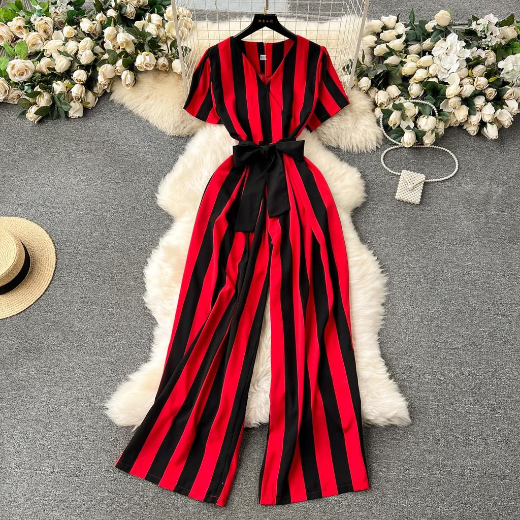 Women Jumpsuits Fashion V Neck Lace Up Loose Wide Legs Pants  New Design OL Color Block Stripe Bodysuits