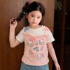 Girls Summer Cartoon Mock Two-Piece Short Sleeve T-Shirt Cute Regular Shoulder Top