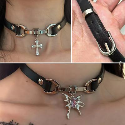 Y2K Gothic Multilayer Retro Brown Faux Leather Rivet Pendant Necklace Women Delicate Choker Star Black Heart Punk Jewelry