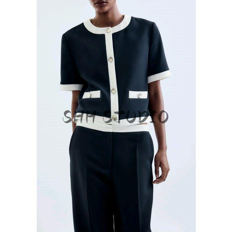 Contrast Color Trim Blazers 3597696 8317593 High Waist Straight Pants 3599696 8316593