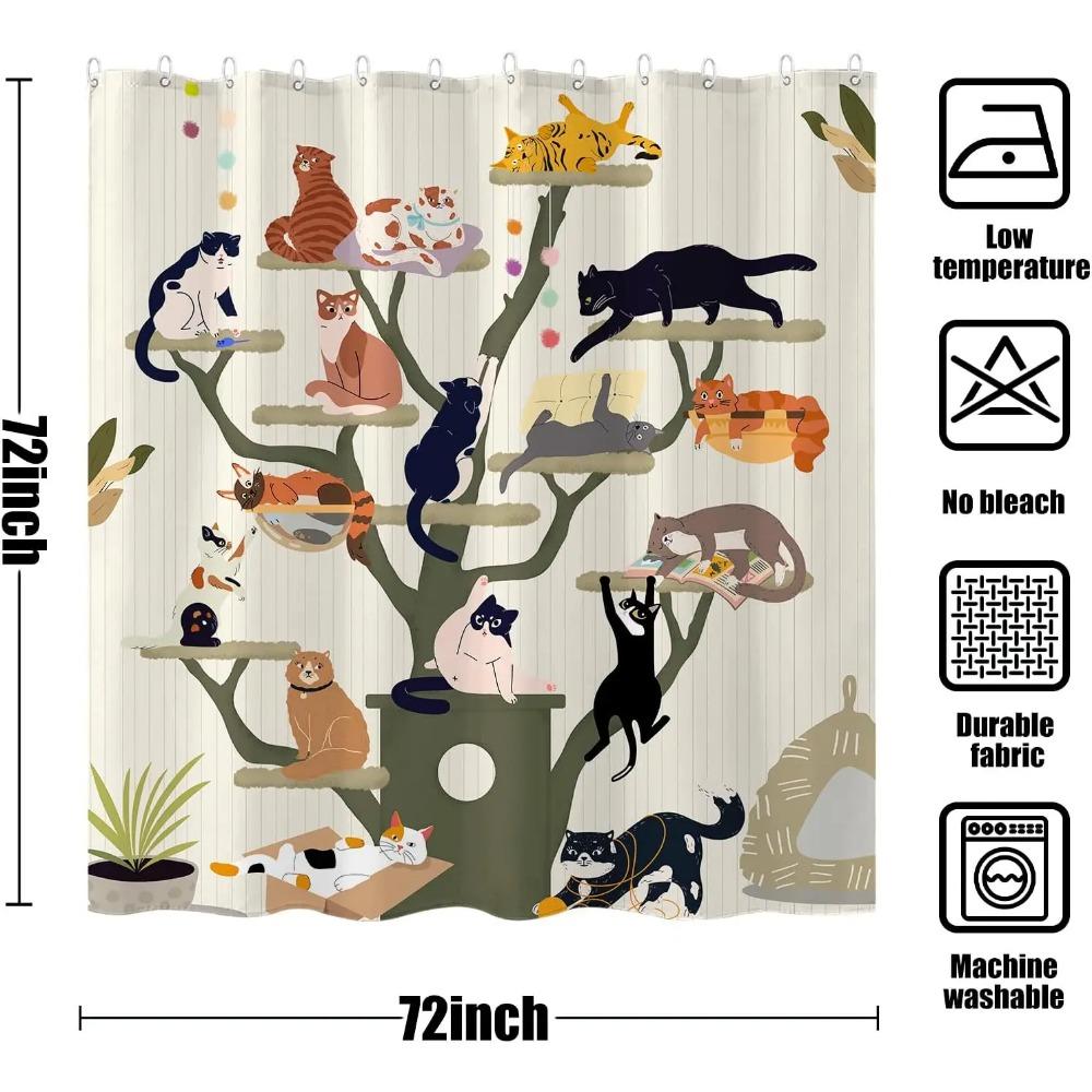 Funny Cartoon Cat Tree Printed Shower Curtain Cute Boho Anime Kittens For Bathroom Decor
