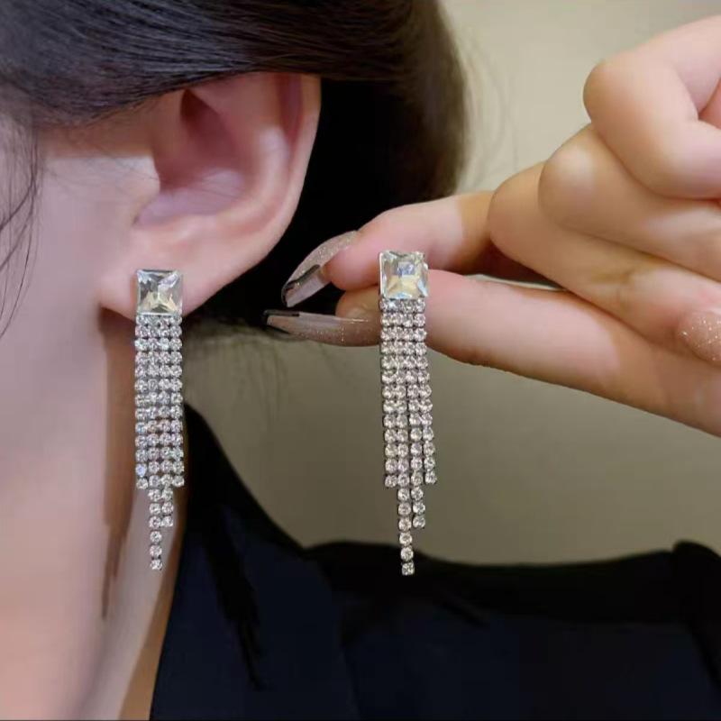 952 Silver Needle Zirconia Long Tassel Stud Earrings - Elegant and Sophisticated Women's Accessories