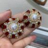 Vintage Enamel Earrings Marking Stud Earrings Vintage Copper Thick Gold Red High-End Medium Antique Jewelry
