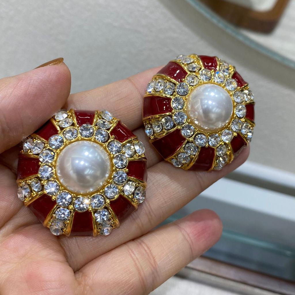 Vintage Enamel Earrings Marking Stud Earrings Vintage Copper Thick Gold Red High-End Medium Antique Jewelry