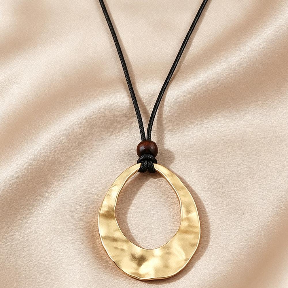 Retro Matte Gold Irregular Round Pendant Necklace with Leather Cord