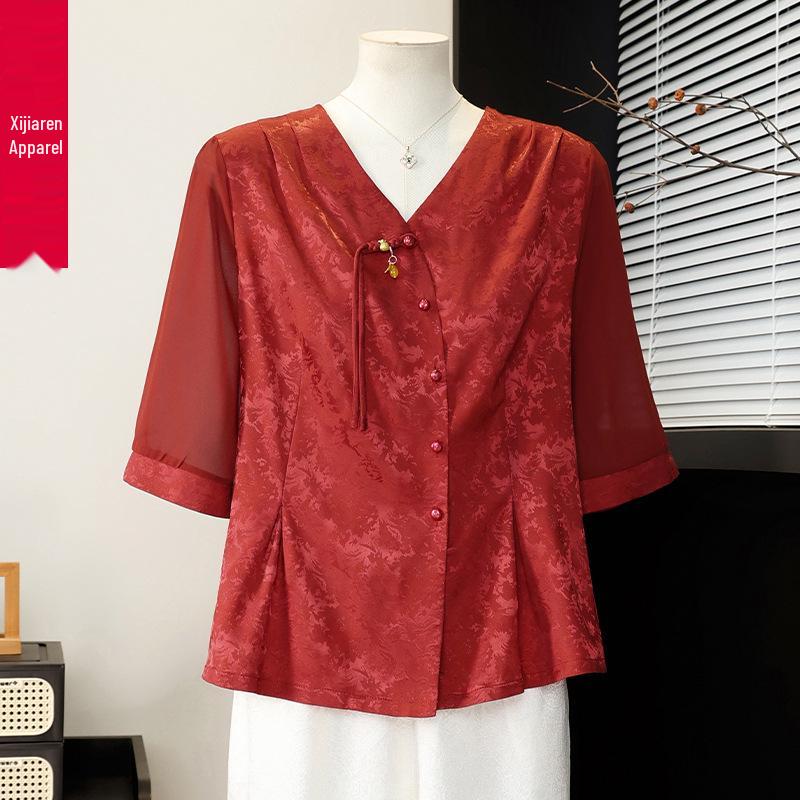 Mother's Day Chinese Style Short Sleeve Top Set for Middle-Aged and Elderly Women - Summer Edition