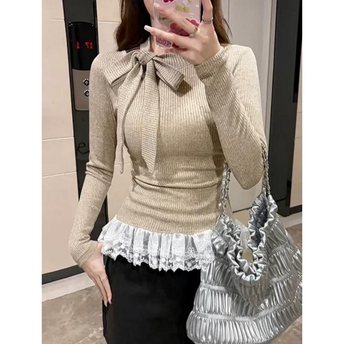 

Bow hem lace splicing long-sleeved t-shirt women s spring and autumn French sense pure desire style slim-fitting bottoming top S хаки