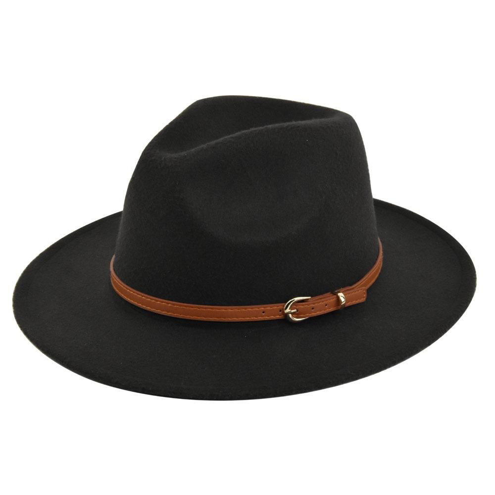 Retro jazz hat, dark khaki belt, woolen hat, cowboy ancient black woolen hat, flat brim hat